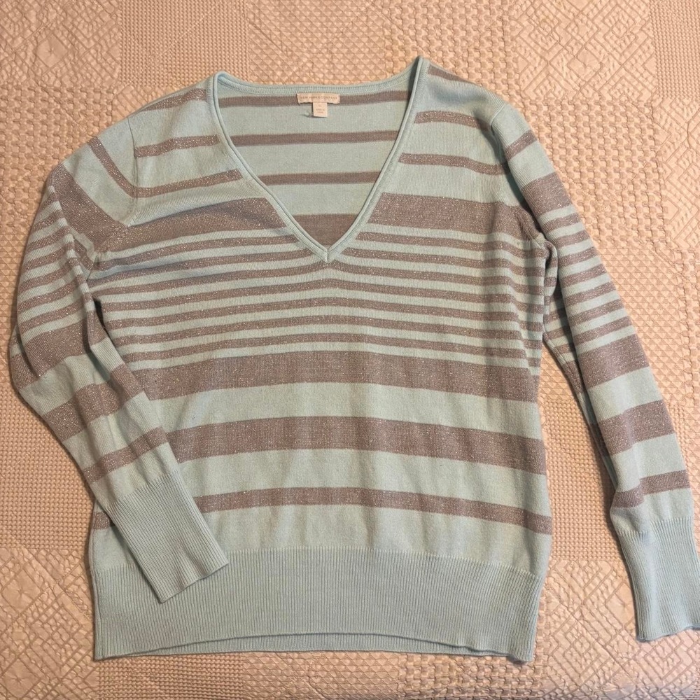 Y2K New York & Company light blue and brown striped sweater w/ glittery stripes